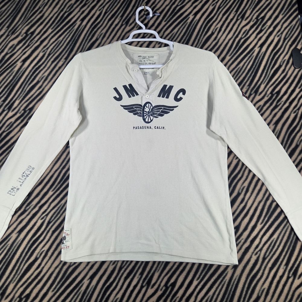 Johnson Motors Inc Henley Shirt Mens Large Cream Waffle Knit Thermal Made in USA